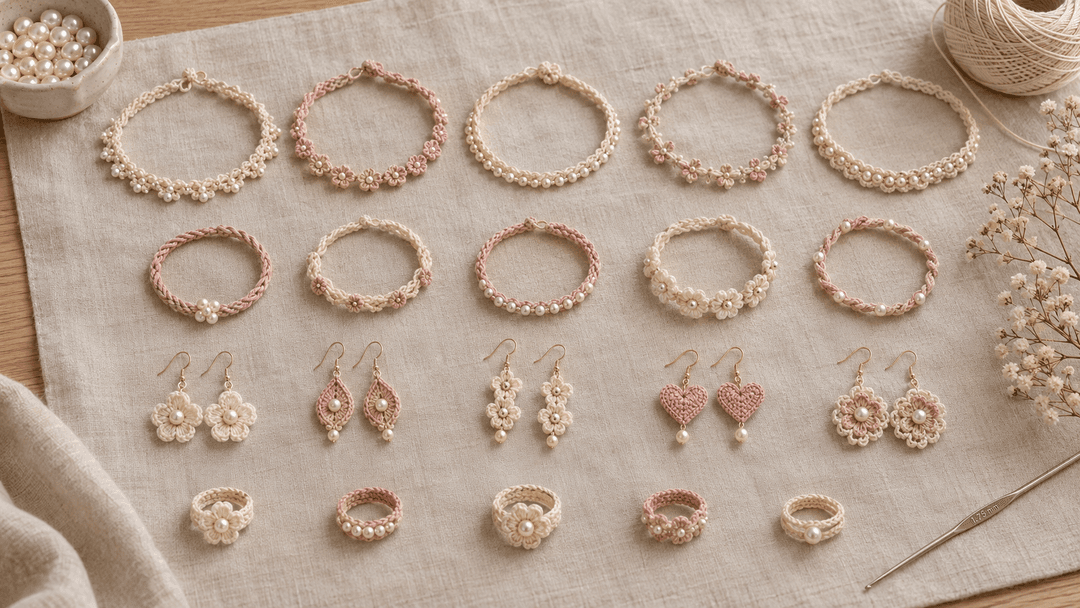 Flat-lay of twenty finished crochet jewelry pieces on cream linen with a bamboo hook and a ceramic dish of pearls