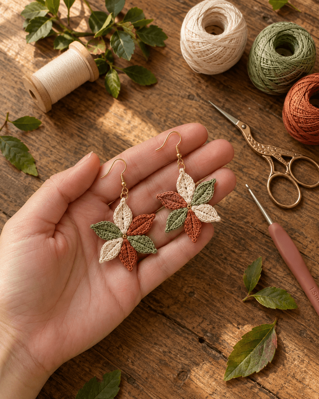 Handmade autumn leaf crochet earrings — a six-leaf starburst in cream, sage green, and terracotta cotton thread radiating from a small gold center, hanging from gold fish-hook ear wires and held in an open palm on a rustic wooden bench with green leaves, thread balls, and stork scissors around it