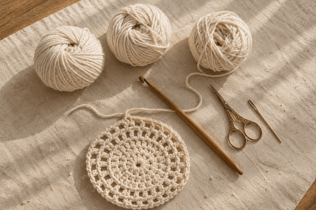 Three balls of cream cotton yarn, a wooden 5 mm crochet hook, brass embroidery scissors and a tapestry needle on cream linen, with the round base of a crochet market bag in progress showing double-crochet increases from the magic ring
