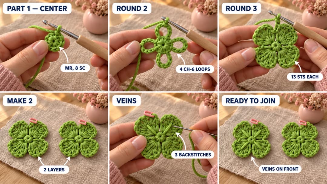 Step 1 of the crochet clover keychain: a green magic ring of 8 single crochets on a 3 mm hook, 4 chain-6 loops around the center, the four leaflets of round 3, two identical clover layers each with a stitch marker at its join, the veins backstitched on the front layer, and both layers ready to join