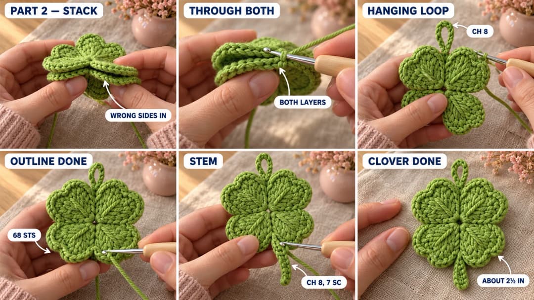 Step 2 of the crochet clover keychain: the two clover layers held wrong sides together, the hook working the outline round through both layers, a chain-8 hanging loop between the two top leaflets, the outline finished at 68 stitches, a short stem worked into the back bumps of a chain at the bottom, and the finished clover about 2½ inches across
