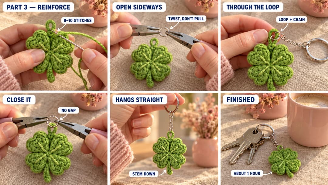 Step 3 of the crochet clover keychain: a tapestry needle reinforcing the base of the loop, two pairs of pliers twisting a jump ring open sideways, the ring going through the crocheted loop and a fine chain, the ring twisted closed with no gap, the clover hanging straight from a key ring with its stem down, and the finished keychain on a set of keys
