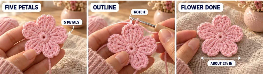Step 1 of the crochet flower keychain: the five fan-shaped light pink petals of tall stitches around a small center, the hook working the outline round with a slip stitch pulling a small notch into a petal tip, and the finished flower about 2¼ inches across