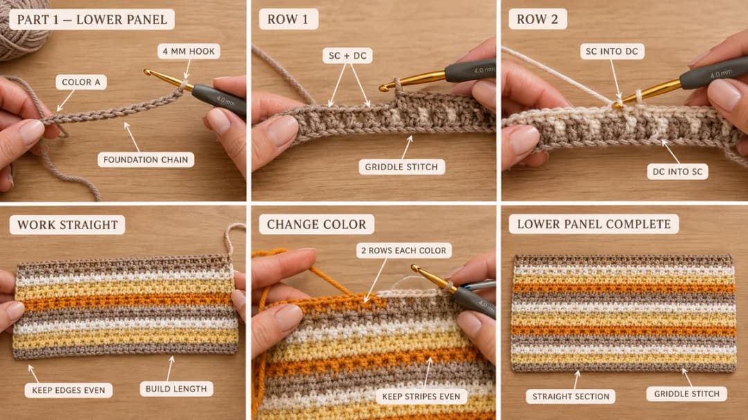 Six-step photo guide to the lower panel of the crochet halter top: the foundation chain in color A on a 4 mm hook, Row 1 in single and double crochet, Row 2 with sc into dc and dc into sc, working straight, changing color every 2 rows, and the finished straight lower panel