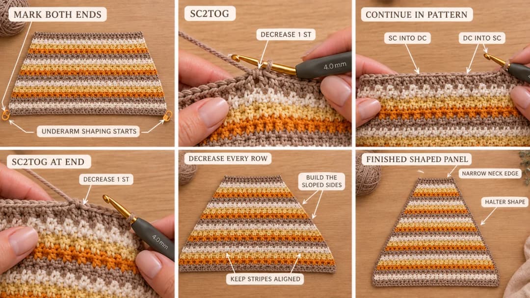 Six-step photo guide to shaping the crochet halter top: markers at both ends where the underarm shaping starts, sc2tog at the start of the row, continuing in pattern, sc2tog at the end, decreasing on every row, and the finished trapeze-shaped panel with a narrow neck edge
