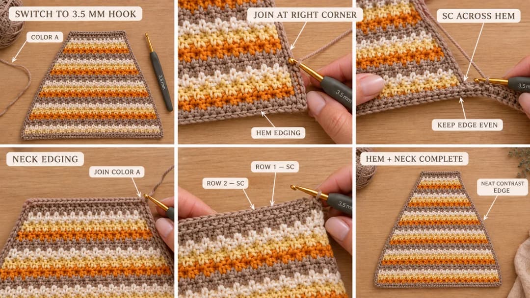 Six-step photo guide to the hem and neck edgings of the crochet halter top: switching to the 3.5 mm hook and color A, joining at the right corner, single crochet across the hem, joining color A for the neck edging, two rows of single crochet across the top, and the panel with both edgings complete