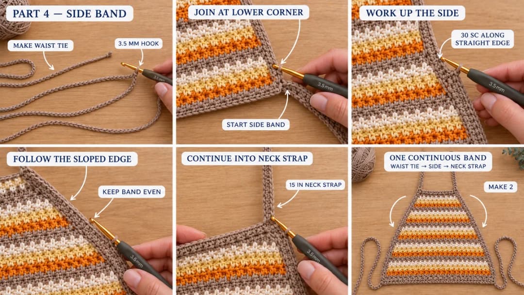 Six-step photo guide to the side band of the crochet halter top: chaining the waist tie on a 3.5 mm hook, joining at the lower corner, 30 sc up the straight edge, following the sloped edge, continuing into a 15-inch neck strap, and one continuous band from waist tie to neck strap on each side