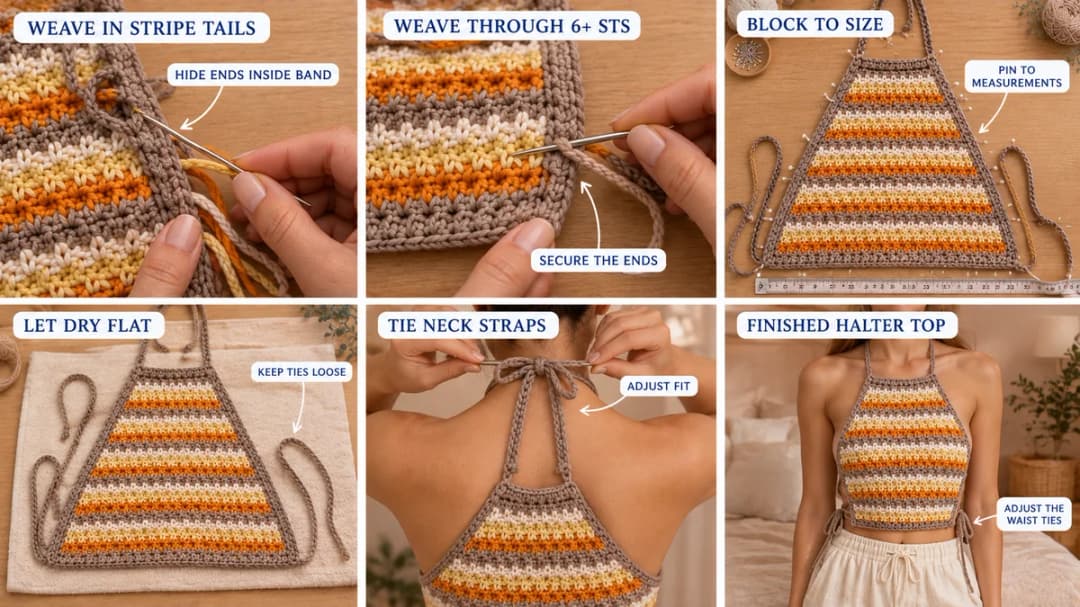 Six-step photo guide to finishing the crochet halter top: weaving the stripe tails into the band, securing the ends through 6 or more stitches, pinning the panel to size, letting it dry flat with the ties loose, tying the neck straps, and the finished halter top worn with the waist ties adjusted