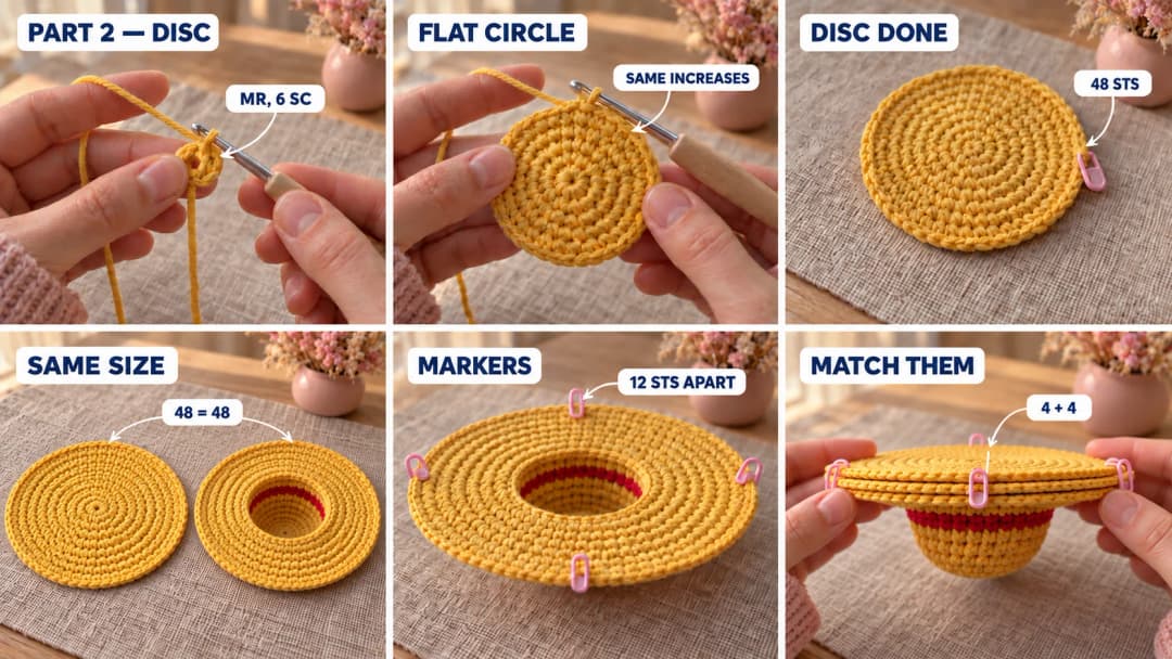 Step 2 of the crochet hat keychain: the flat yellow underside disc worked in rounds up to 48 stitches, set beside the upturned hat to check that both are the same size, four pink stitch markers placed 12 stitches apart around the brim, and the disc stacked on the brim with its markers lined up