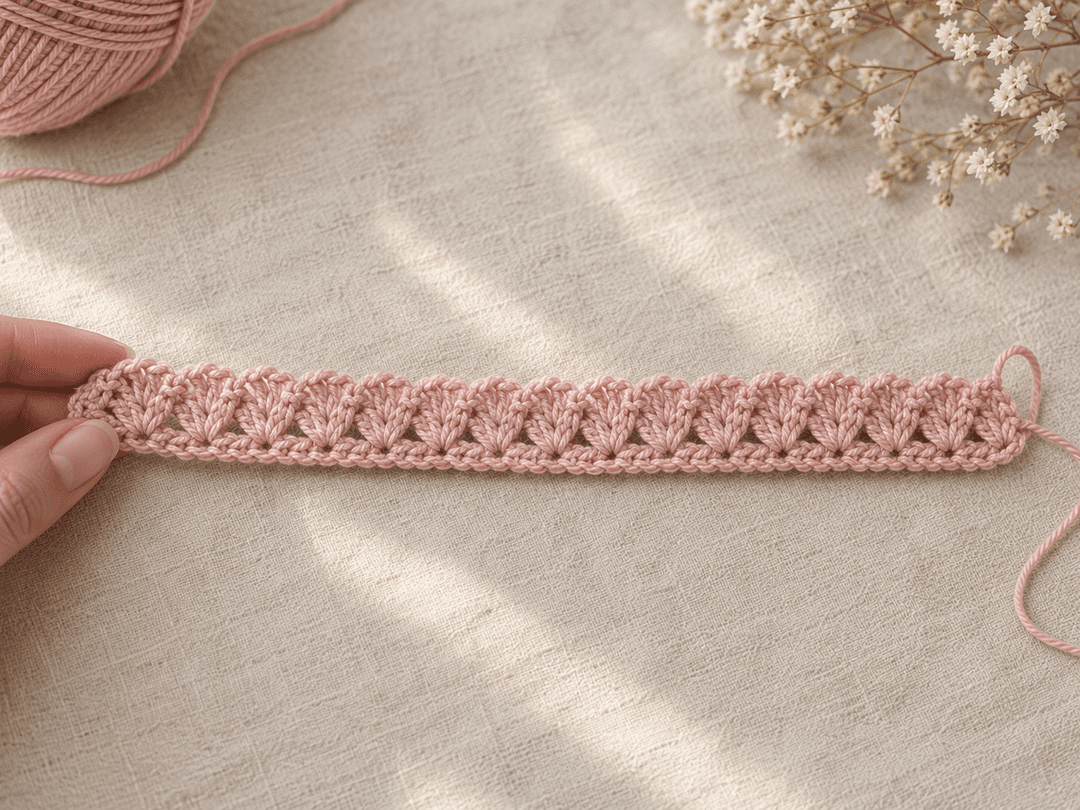 Flat pink crocheted strip of fan-shaped double crochets before rolling, held between two fingers on cream linen