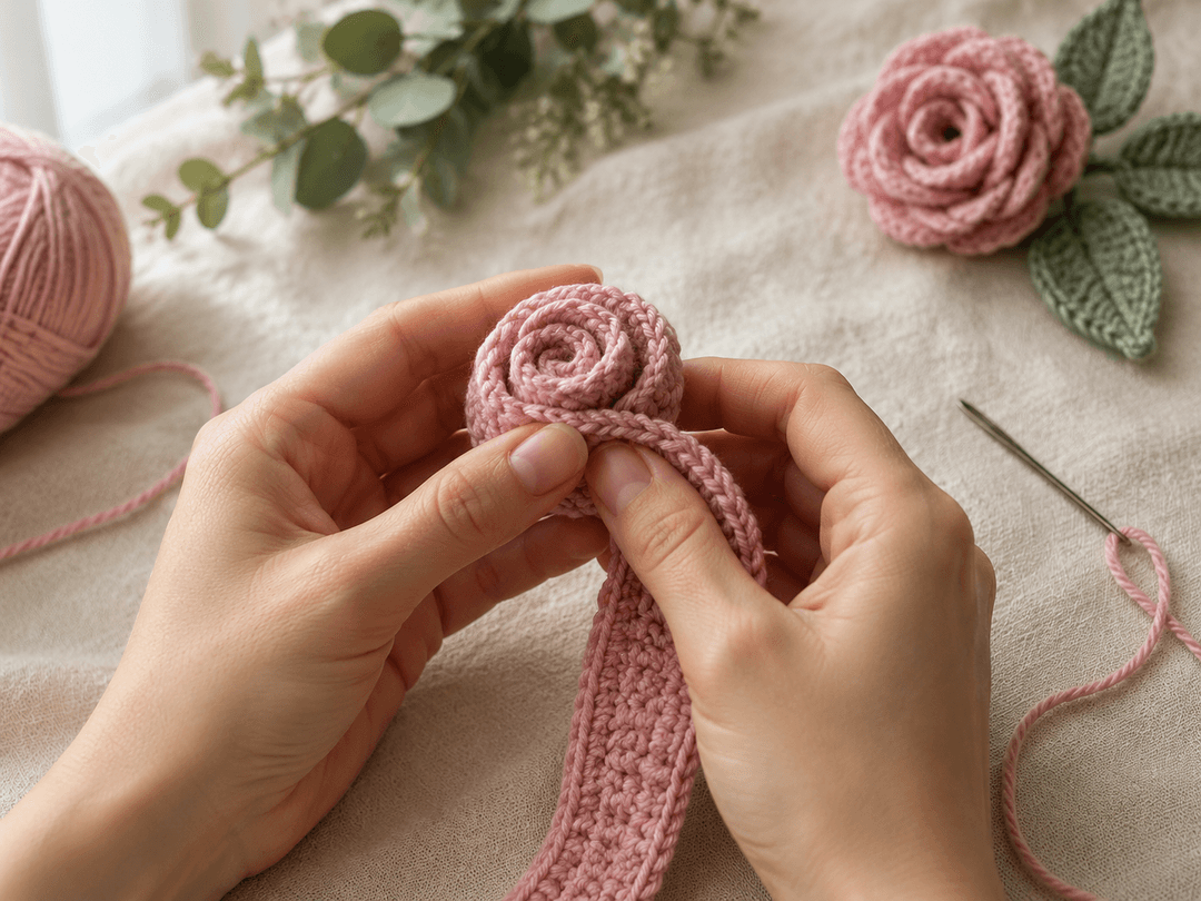 Two hands rolling a pink crocheted strip into a tight spiral rose with a threaded tapestry needle nearby