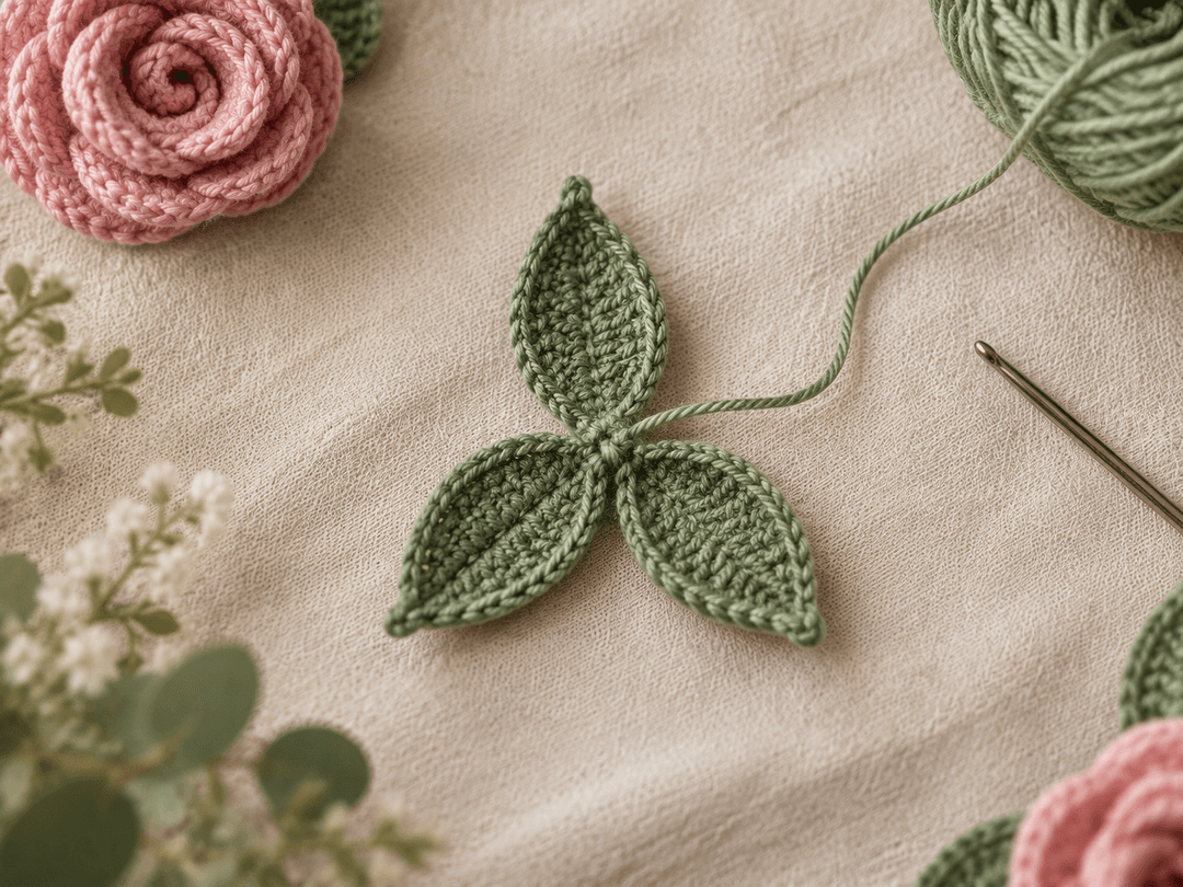 Trio of small sage green crocheted leaves in a three-point sepal arrangement viewed from above with working yarn attached