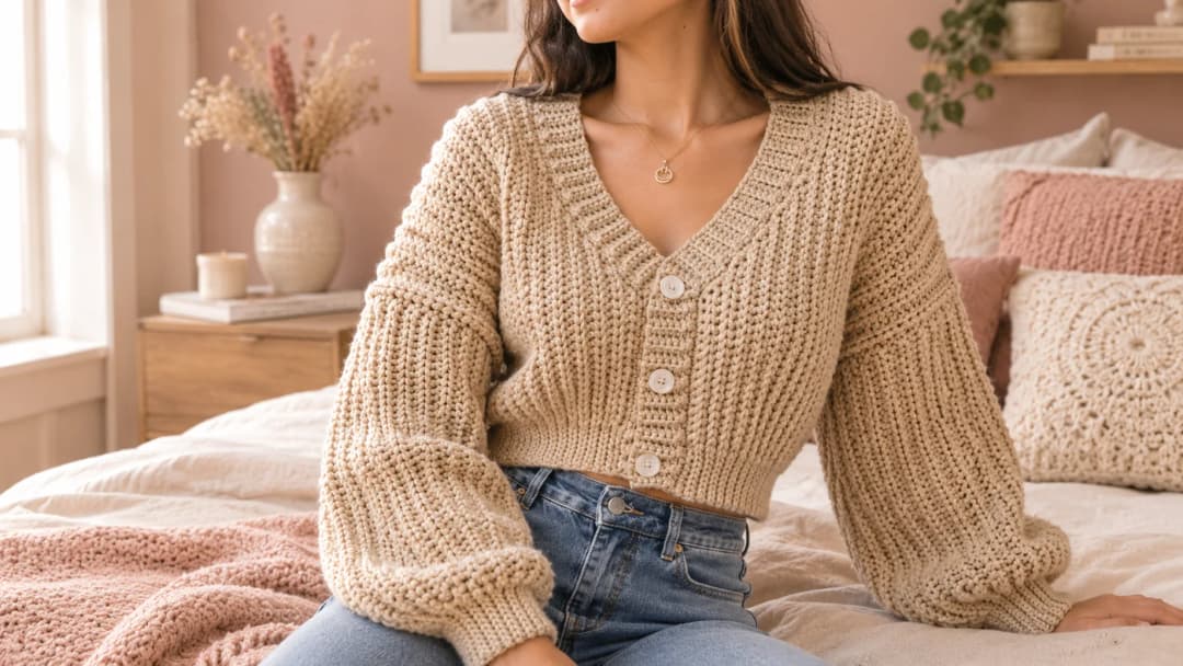 Oatmeal beige chunky crochet cardigan with vertical ribs, a deep V-neck, three cream buttons, a gathered ribbed waist and balloon sleeves, worn cropped over high-waisted jeans in a soft pink bedroom