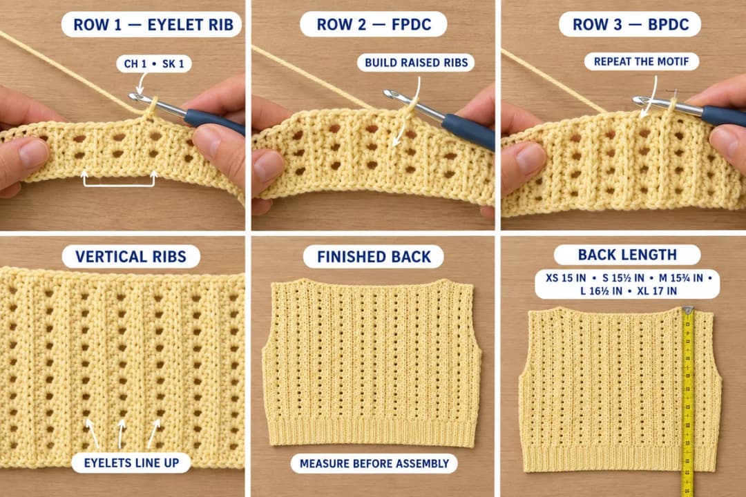Six-step photo guide to the eyelet rib on the back of the crochet top: Row 1 with chain 1 and skip 1, Row 2 in front post double crochet, Row 3 in back post double crochet, the eyelets lining up into vertical ribs, the finished back with its armhole notches, and the back length per size