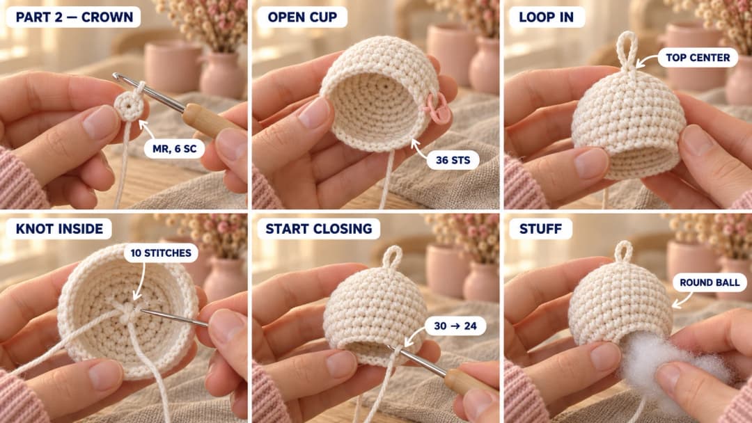 Step 2 of the crochet skull keychain: a white magic ring at the top of the crown, the head growing into an open cup of 36 stitches, the white chain loop threaded through the top of the crown, the two tails knotted inside the open head, the head starting to close, and fingers stuffing it into a round ball