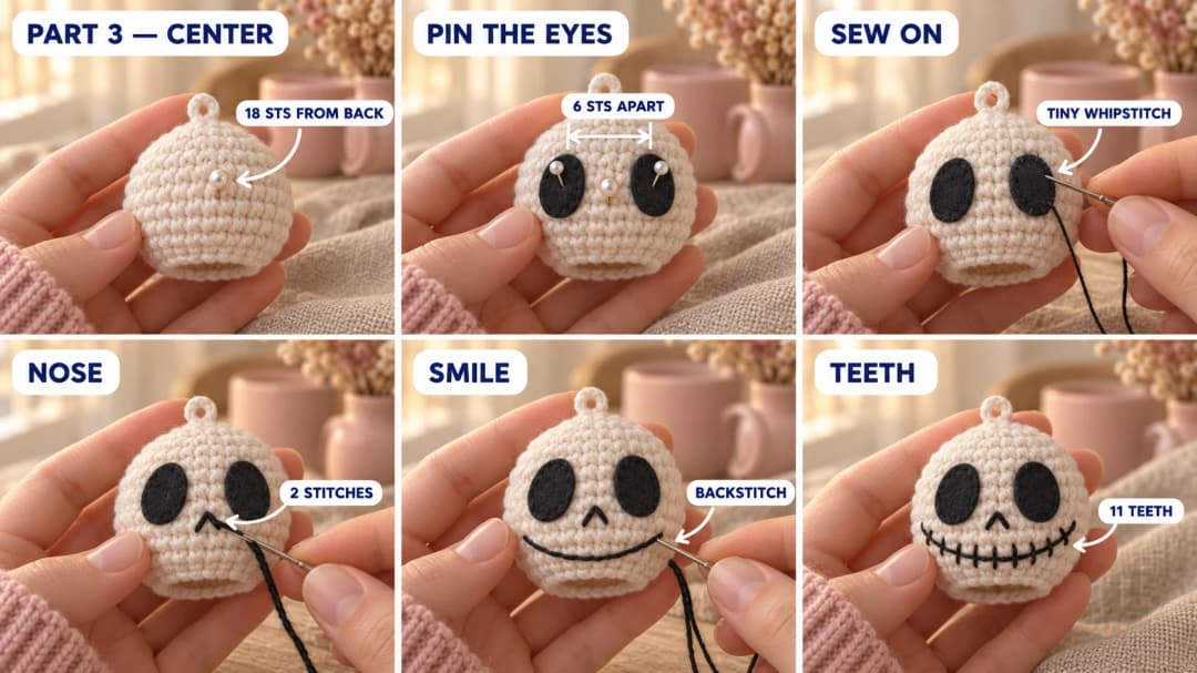 Step 3 of the crochet skull keychain: a pin at center front, two black felt ovals pinned upright 6 stitches apart and whipstitched on with black thread, a tiny black upside-down V nose, and a needle backstitching a long curved black smile low on the face, crossed by eleven little teeth