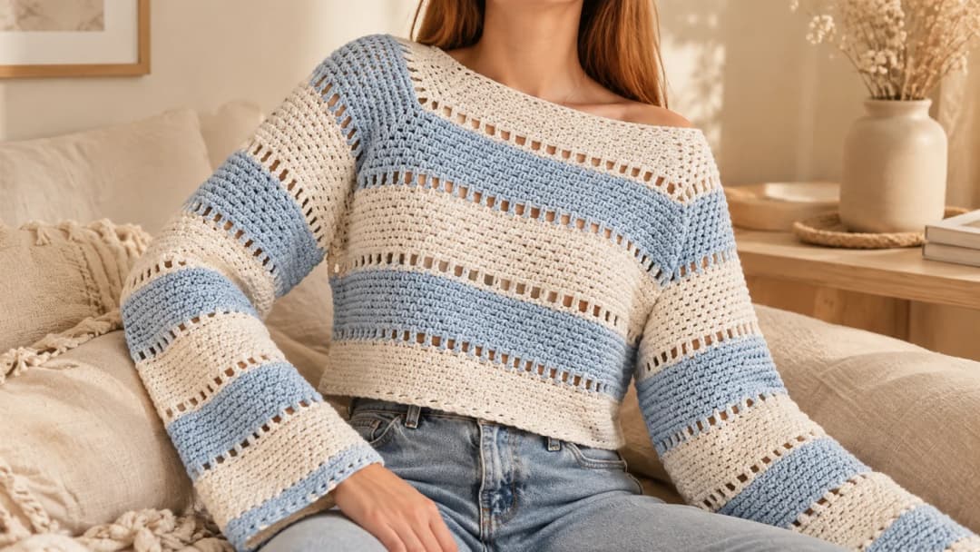 Cropped crochet summer sweater in cream and sky blue moss stitch stripes with eyelet rows between them, a wide boat neck slipping off one shoulder and long wide striped sleeves, worn with light-wash jeans