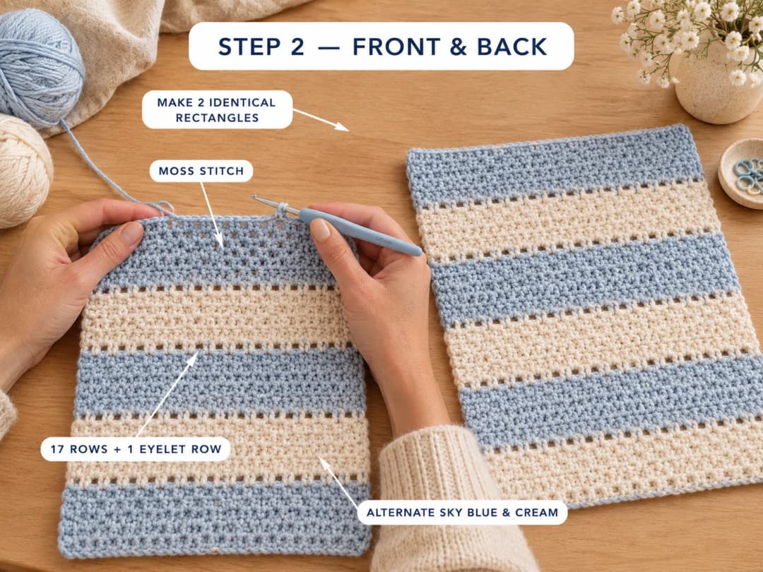 Making the front and back of the crochet summer sweater: two identical rectangles in moss stitch with alternating sky blue and cream stripes, each stripe 17 rows plus 1 eyelet row