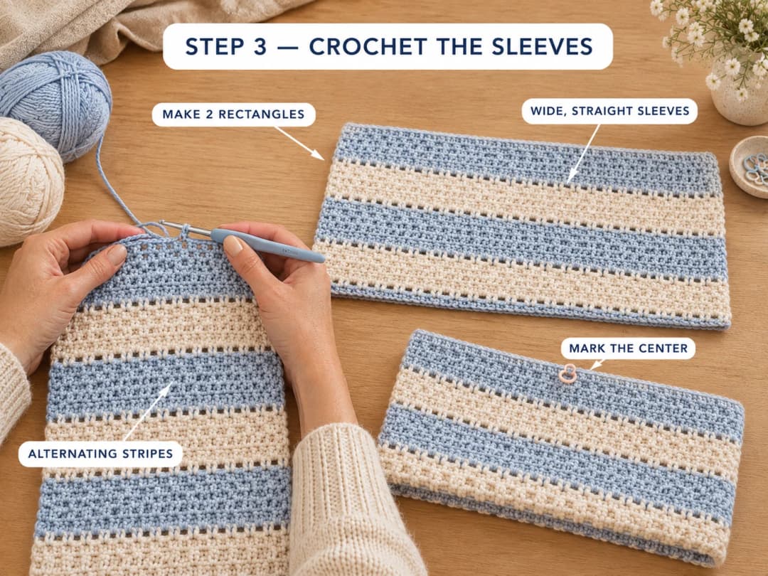 Crocheting the two wide, straight sleeves as striped rectangles in sky blue and cream, with a marker at the center of the top edge
