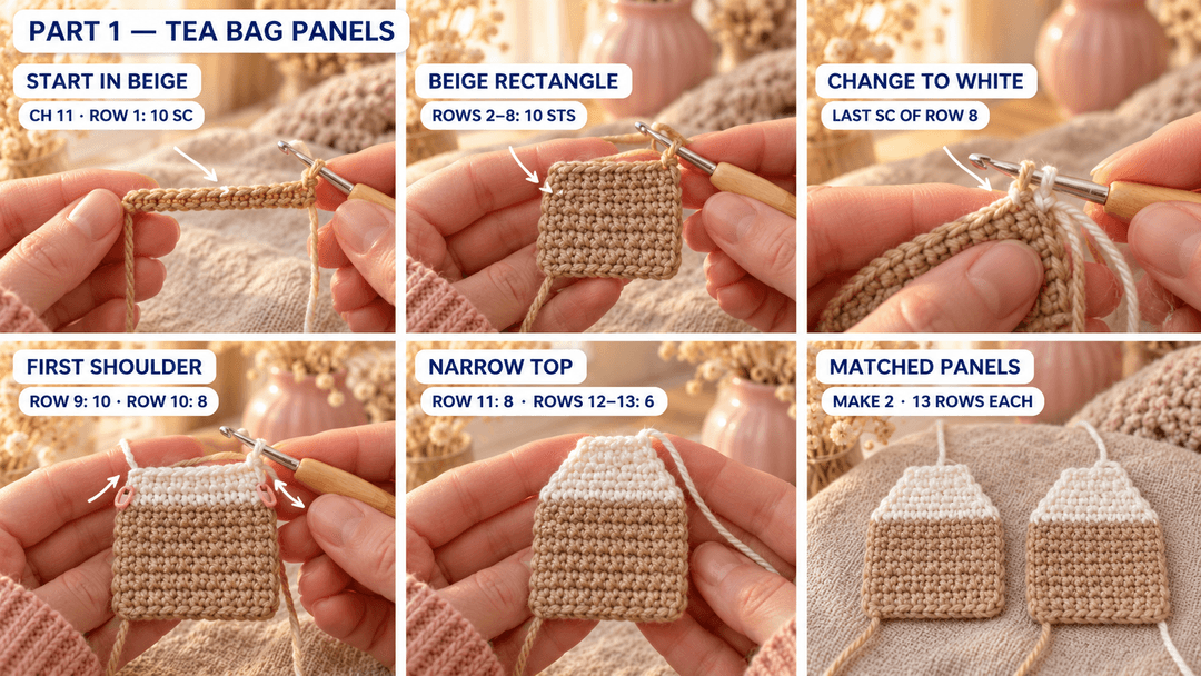Two flat tea bag panels worked in ten beige stitches, changed to white after Row 8 and narrowed to six stitches at Row 13.