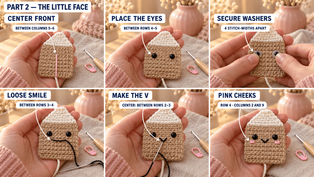 The eyes, V-shaped smile and pink cheeks added to the separate flat tea bag panel before the panels are sewn together.
