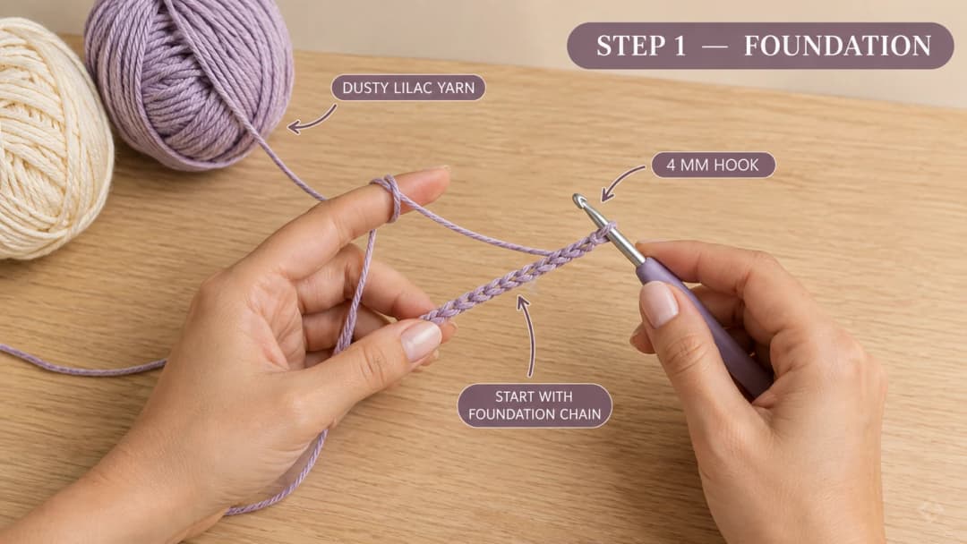 Hands starting the foundation chain for the crochet top in lilac DK cotton on a 4 mm hook, with balls of lilac and cream yarn beside them
