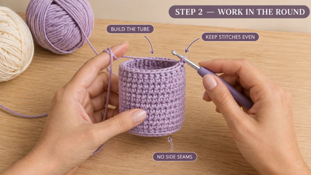 A small lilac tube of single crochet worked in joined rounds, showing the hem band and the seamless construction with no side seams