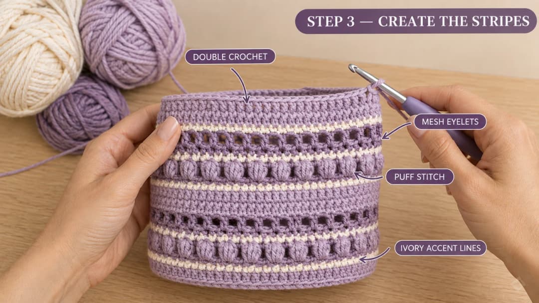 The crochet tube in progress with solid double crochet, mesh eyelet rounds, lilac puff stitch rounds and thin cream single crochet lines