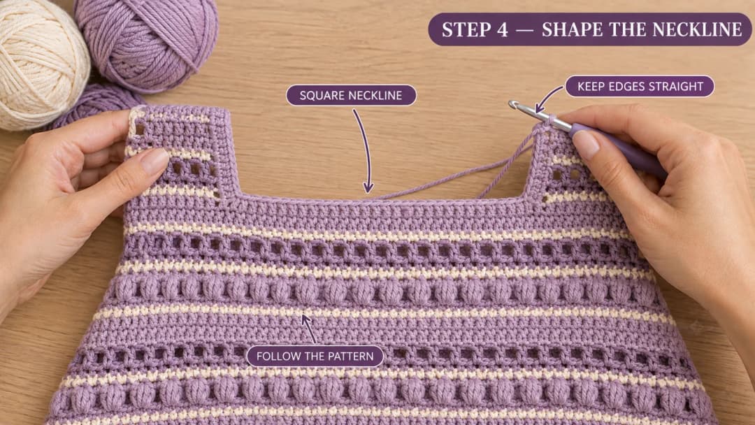 The front of the crochet top with two straps worked straight up from the top edge, each starting with a cream line and a row of mesh eyelets, framing a square neckline