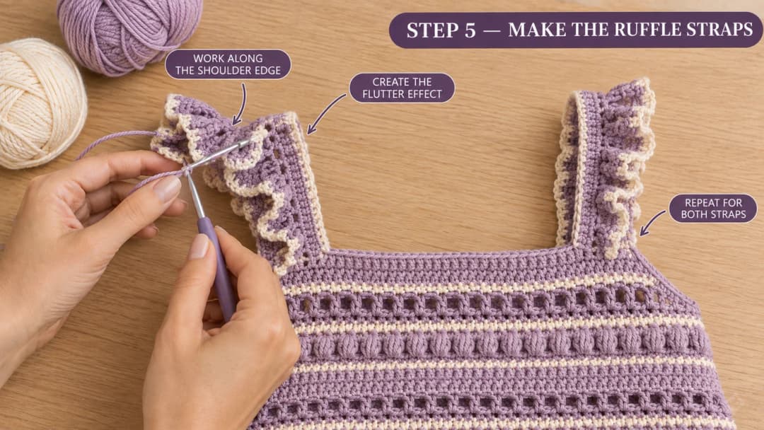 Working the lilac and cream ruffle along the outer edge of each strap on the crochet top, with the finished ruffle on the second strap