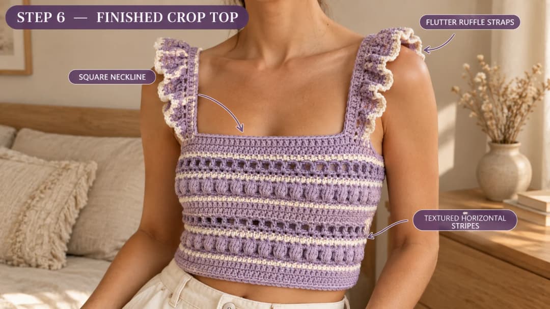 The finished cute crochet top worn, labeled to show the flutter ruffle straps, the square neckline and the textured horizontal stripes
