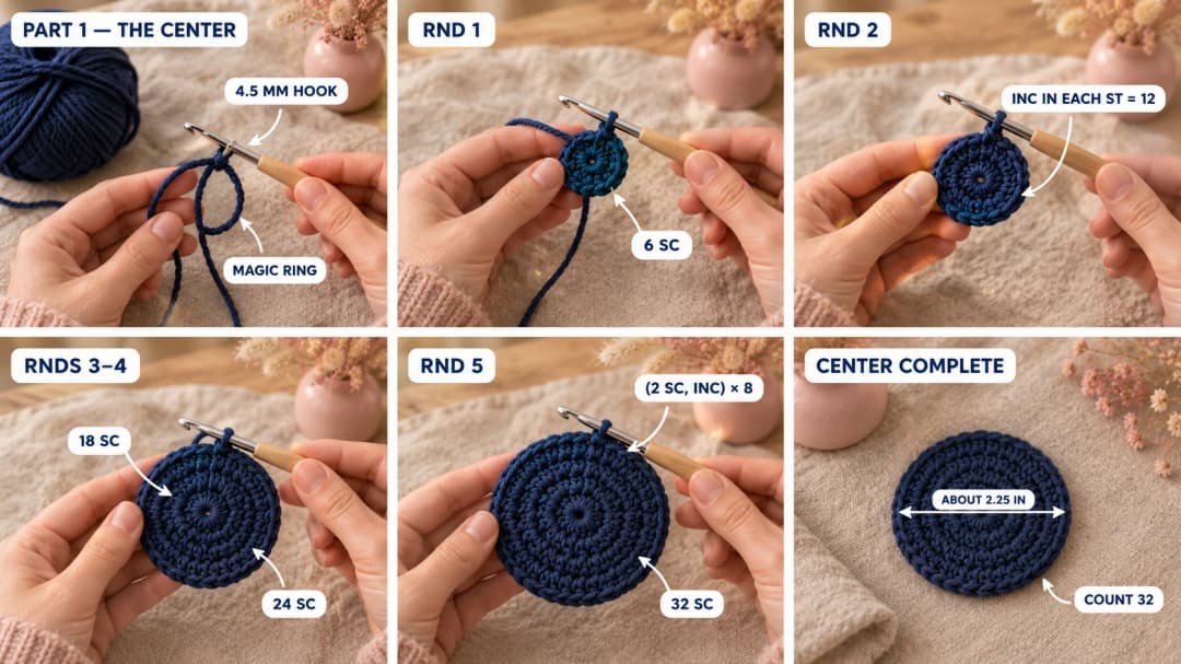 Step 1 of the crochet daisy coaster: a navy magic ring with 6 single crochet on a 4.5 mm hook, the circle growing to 12, 18 and 24 stitches, and the finished flat navy center of 32 single crochet, about 2.25 inches across
