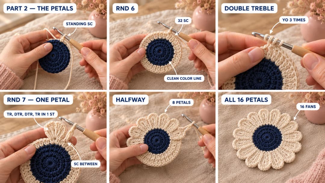 Step 2 of the crochet daisy coaster: joining cream with a standing single crochet for the 32-stitch base round, then working a fan of treble, two double trebles and treble into one stitch, with a single crochet between fans, until all 16 petals ring the navy center