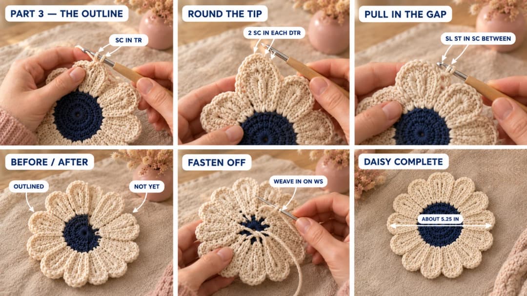 Step 3 of the crochet daisy coaster: single crochet into the treble on the side of a cream petal, two single crochet in each double treble to round the tip, a slip stitch pulling the gap between petals tight, the outlined daisy, weaving the tail in on the wrong side, and the finished daisy coaster about 5.25 inches across