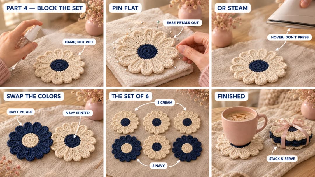 Step 4 of the crochet daisy coaster: misting a daisy until damp, pinning the petals flat on a towel, hovering a steam iron without pressing, a navy daisy with a cream center beside a cream daisy with a navy center, the set of six with four cream and two navy, and a coaster under a blush pink mug with the rest stacked and tied with a ribbon