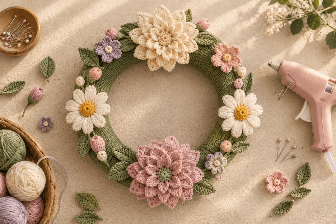 Overhead flat-lay of a partially assembled crochet floral wreath in progress on a cream linen surface — a sage-wrapped foam ring with a large cream dahlia at the top, a large dusty pink dahlia at the bottom, two cream daisies with yellow centers on the sides, small lavender and pink filler buds tucked around, sage green leaves scattered, a pink glue gun in the top-right corner, a small ceramic bowl of sewing pins in the top-left, a woven basket of yarn balls in cream and sage in the lower-left, extra leaves and yarn ready for placement, warm afternoon window light, editorial cottagecore craft-magazine styling