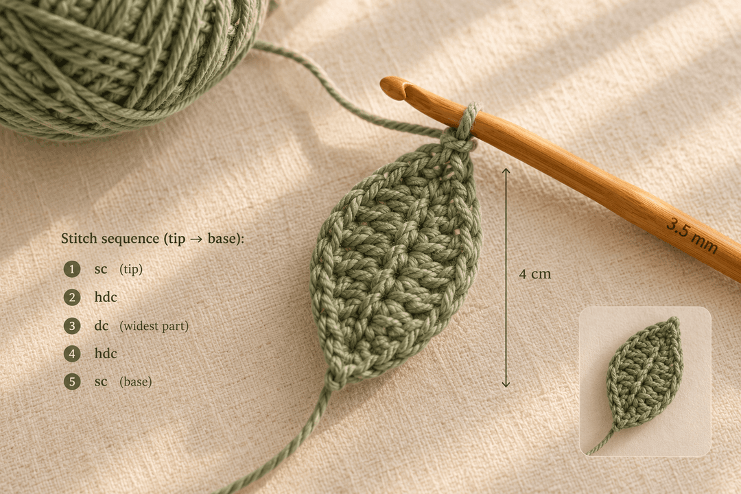 Overhead macro close-up of a sage green pointed almond-shape crochet leaf in progress on a 3.5 mm honey wooden crochet hook labeled, the leaf about 4 cm long with visible sc-hdc-dc-hdc-sc stitch progression from tip to base annotated with numbered labels (1 sc tip, 2 hdc, 3 dc widest part, 4 hdc, 5 sc base), a small measurement arrow marking the 4 cm length, a small inset showing the finished leaf on cream linen, ball of sage yarn softly blurred at the top, warm afternoon window light, photorealistic craft-magazine tutorial diagram