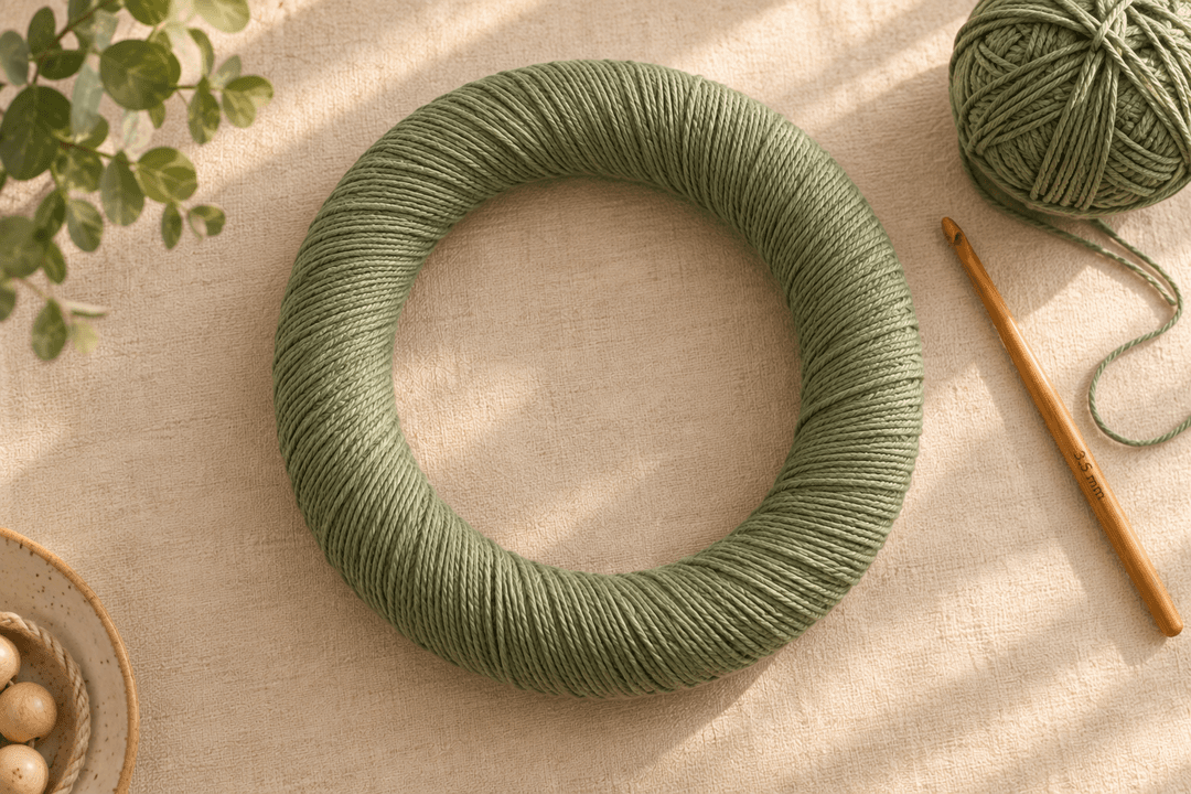 Overhead flat-lay of a 30 cm foam wreath ring completely wrapped in sage green cotton DK yarn with the diagonal spiral wrapping clearly visible and no gaps showing through, resting on a cream linen surface with a 3.5 mm honey wooden crochet hook labeled and a small ball of sage green cotton yarn beside, a small ceramic bowl of natural wooden beads in the lower-left corner and dried eucalyptus branch softly blurred at the top, warm afternoon window light, cozy craft-magazine tutorial detail shot