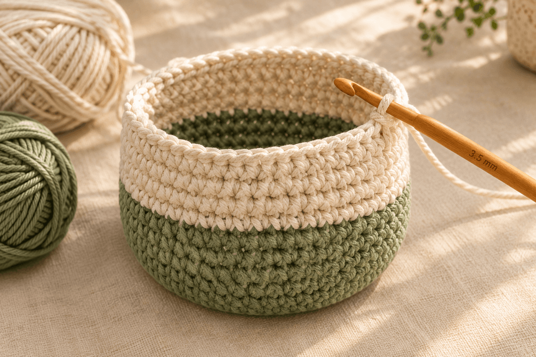 Close-up of a finished cream and sage green crochet basket in progress showing the completed sage green lower half and the cream cotton upper body with a folded rolled rim on top, a 3.5 mm honey wooden crochet hook attached to the top rim, small balls of cream and sage green cotton DK yarn softly blurred in the corner, cream linen background, warm afternoon window light, photorealistic craft-magazine detail shot