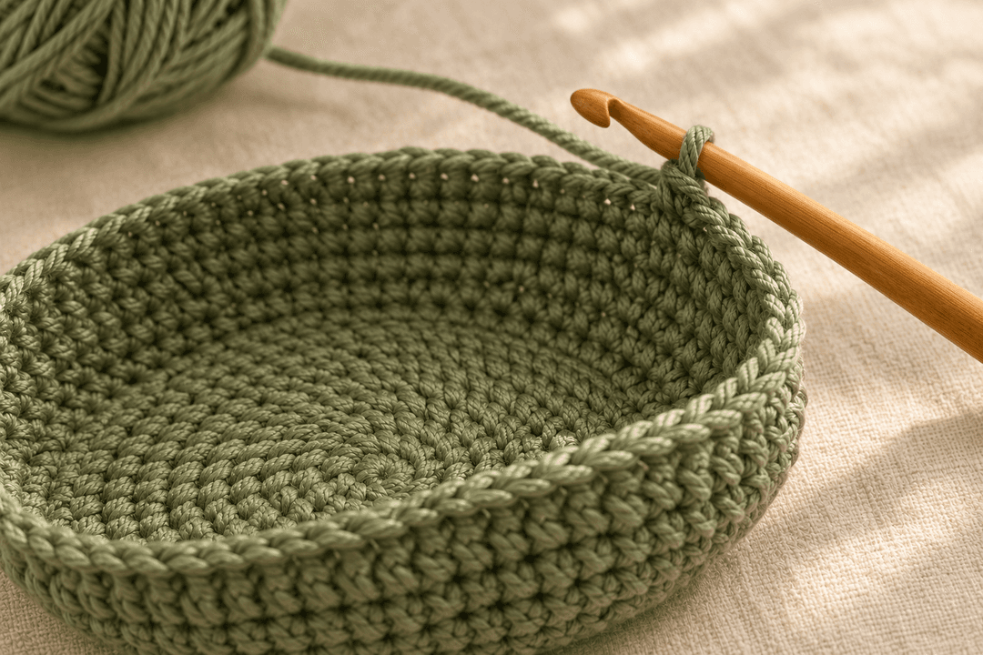 Overhead close-up of the finished sage green crochet basket base — a flat round disc about 12 cm across worked in continuous rounds of cotton DK yarn with a shallow lip starting to curl upward, a 3.5 mm honey wooden crochet hook attached to the working stitch on the top edge, small ball of sage green cotton DK yarn softly blurred in the upper-left corner, cream linen background, warm afternoon window light, photorealistic craft-magazine tutorial detail shot