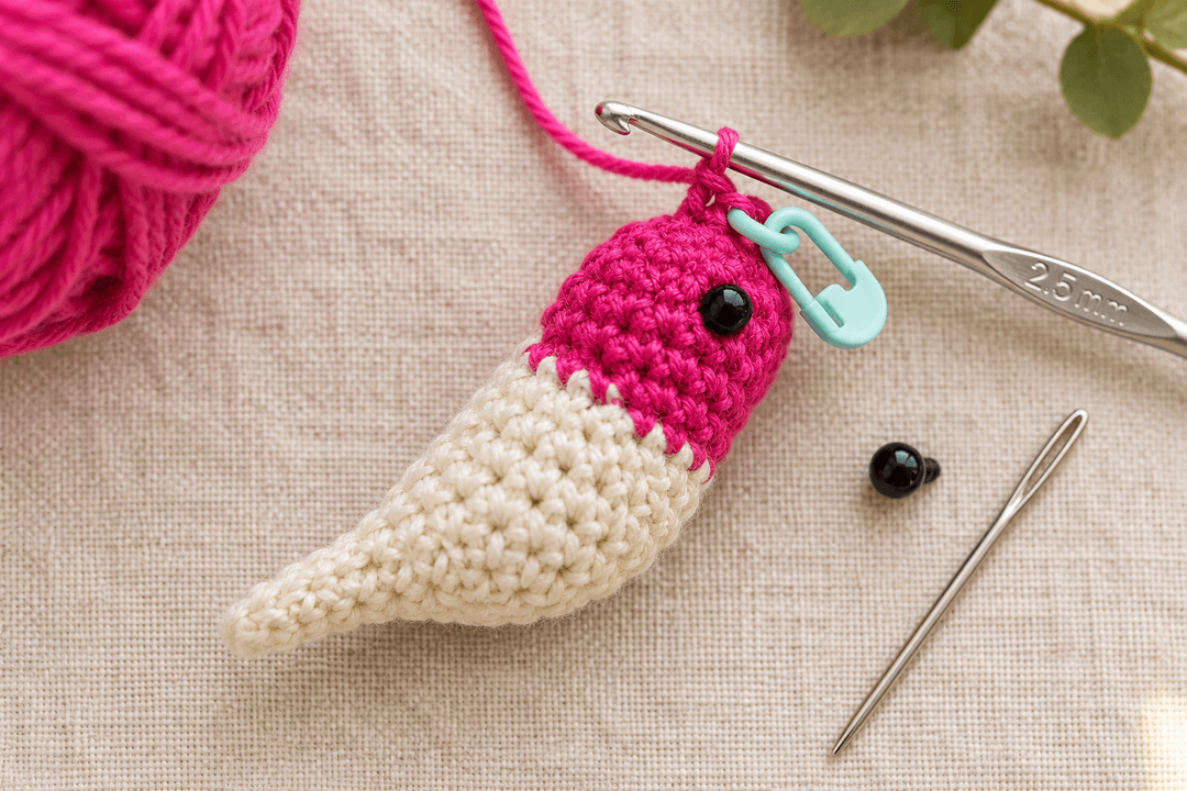 Overhead macro close-up of a mini crochet hummingbird body in progress — the magenta pink cotton head section finished with a small black safety eye already inserted and the cream cotton body section teardrop-shaped underneath, worked on a 2.5 mm silver crochet hook with a green locking stitch marker clipped into the working stitch, small ball of hot pink cotton DK yarn softly blurred in the upper-left corner, a second 6 mm black safety eye and a silver tapestry needle waiting beside on cream linen, warm natural window light