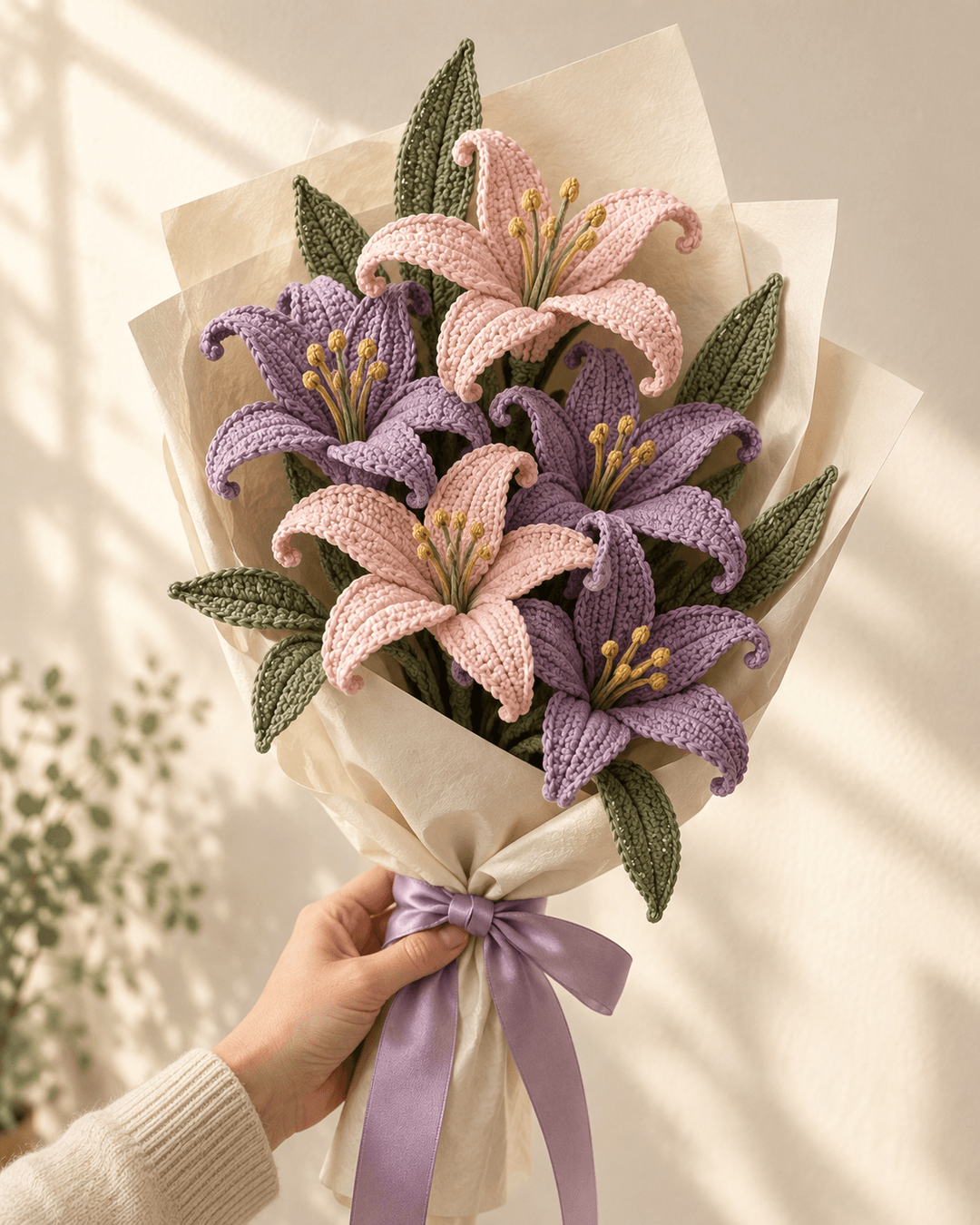 The finished crochet lily bouquet held upright by a woman's hand against a soft cream wall in warm natural window light. Six long-petal crochet lilies — three dusty purple and three blush pink — with tiny yellow stamens, layered so the pink lilies sit taller than the purple ones. Sage green crochet leaves fan behind and beside the flowers. The bouquet is wrapped in cream kraft paper with a wide lavender satin ribbon tied in a bow with long trailing ends.