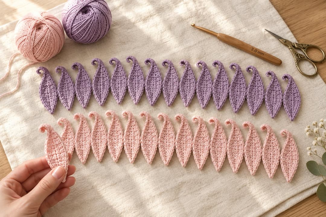 Thirty finished crochet lily petals laid in two neat rows on cream linen — fifteen dusty purple petals on top and fifteen blush pink petals below. Each petal is a long almond shape about 2.5 inches long with a soft curled tip. A woman's hand holds one blush pink petal up at the edge of frame, next to two small balls of cotton DK yarn, a 3.0 mm wooden crochet hook and brass embroidery scissors.