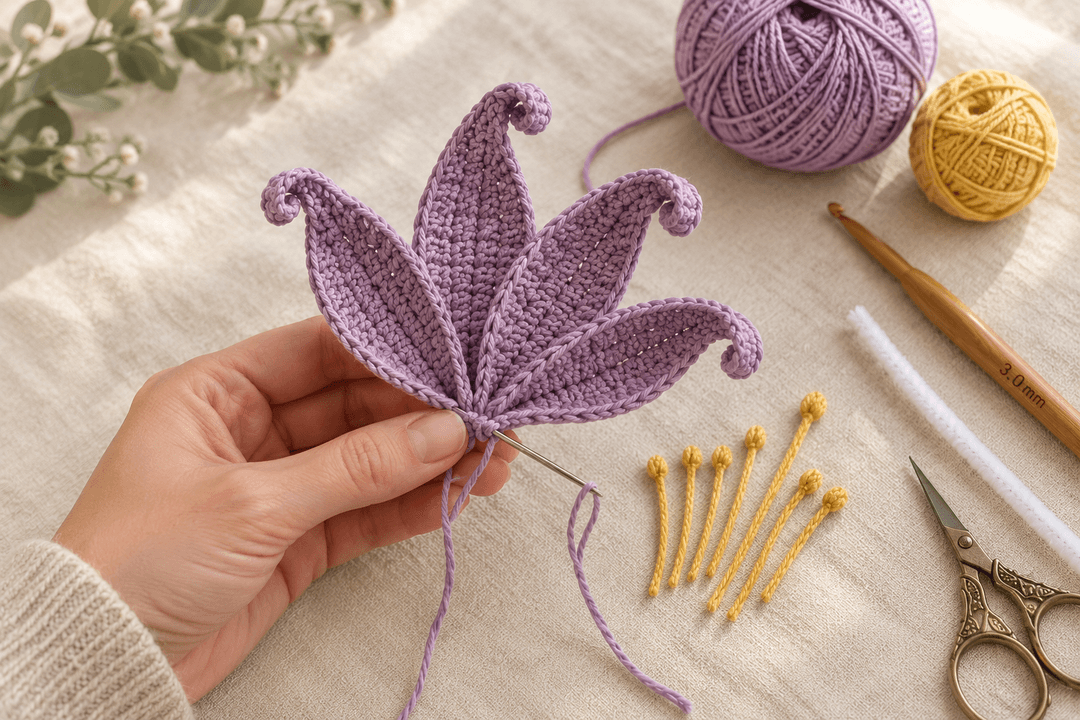 A woman's hands assembling one dusty purple crochet lily on cream linen — five long almond petals fanned open and gathered at the base with a threaded tapestry needle. Six tiny folded yellow yarn stamens sit next to the lily ready to be stitched into the center, one slightly longer than the others. A ball of dusty purple cotton DK yarn, a 3.0 mm wooden crochet hook, brass embroidery scissors and one white pipe cleaner sit beside the work.