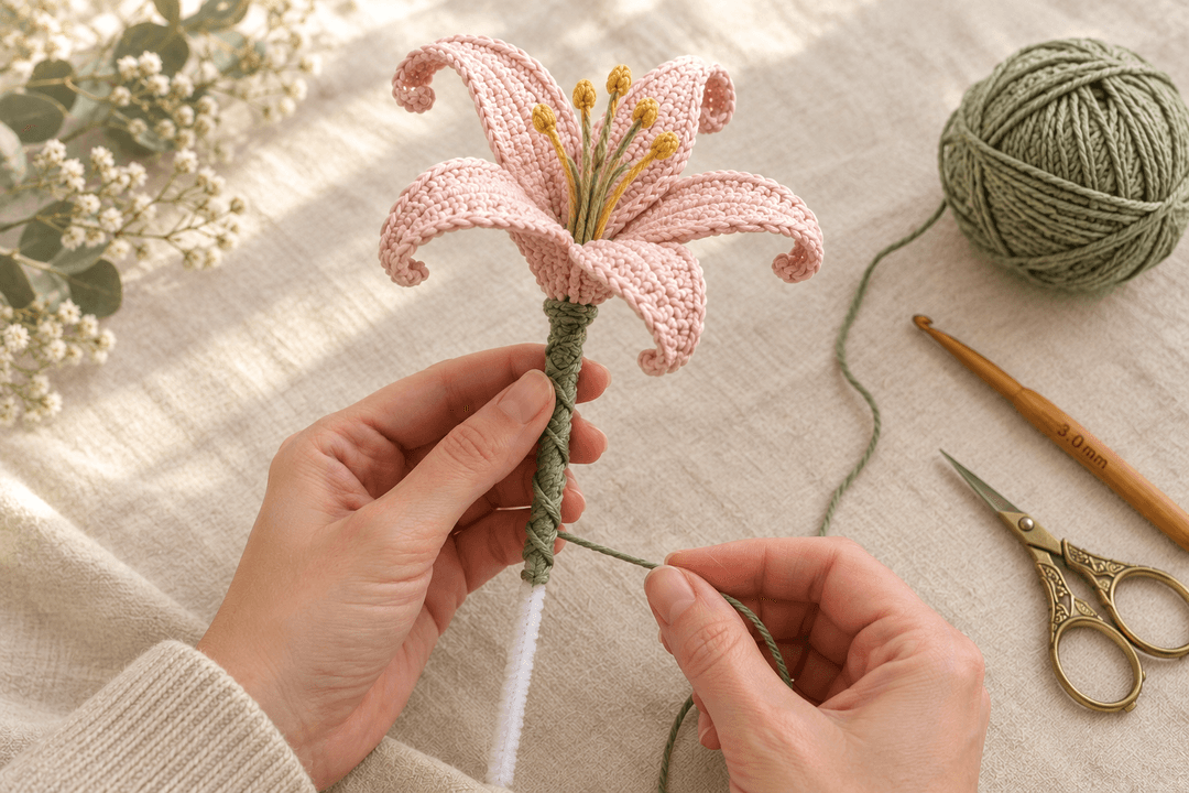 A woman's hands wrapping sage green cotton yarn in a tight barber-pole spiral around a white pipe cleaner. A finished blush pink crochet lily with six yellow stamens sits at the top of the stem. The wrap is partly finished — sage green covers the upper half, the white of the pipe cleaner still shows at the bottom. A ball of sage green cotton DK yarn, a 3.0 mm wooden crochet hook and brass embroidery scissors sit on the cream linen surface.