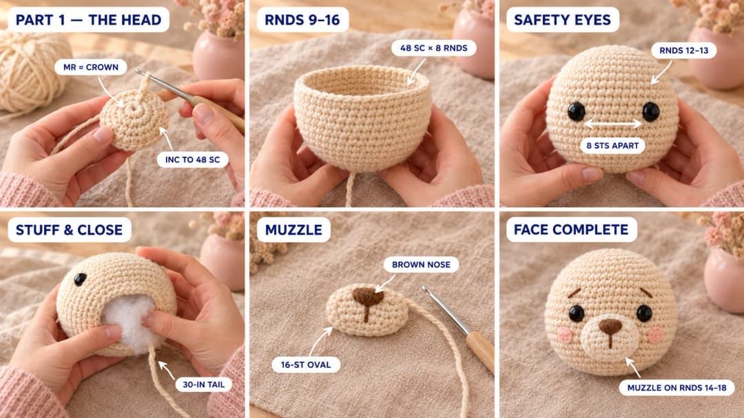 Step 1 of the crochet lion plush pattern: a cream magic ring growing into a 48-stitch dome, eight straight rounds, black safety eyes placed between rounds 12 and 13 with 8 stitches between them, the head stuffed and closed, a small oval cream muzzle with an embroidered brown nose, and the muzzle sewn below the eyes with brown eyebrows and blush cheeks