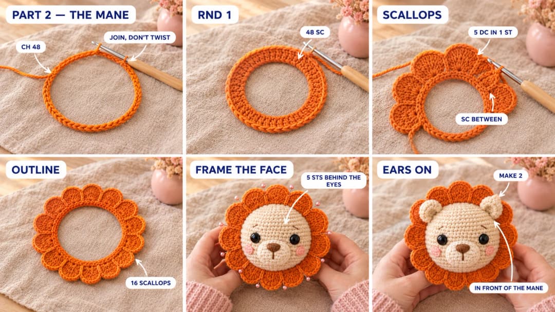 Step 2 of the crochet lion plush pattern: an orange chain of 48 joined into a ring, a round of single crochet, fans of five double crochet forming sixteen scallops, an outline round of single crochet around each scallop, the flat orange mane ring pinned around the cream face, and two round cream ears sewn on top just in front of the mane