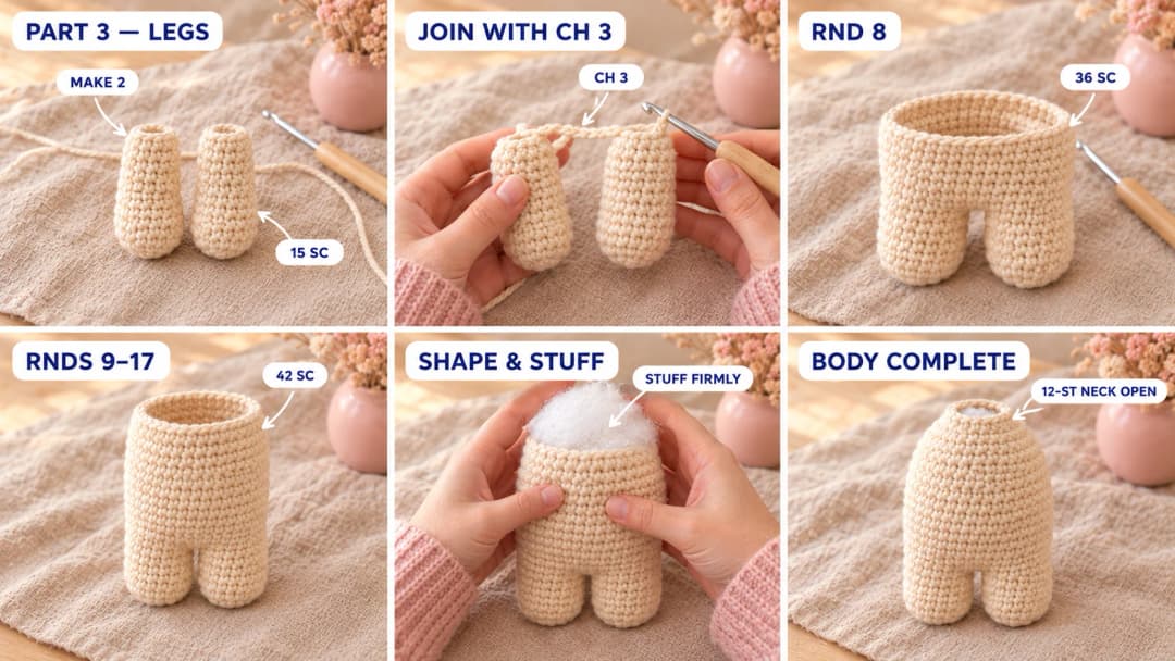 Step 3 of the crochet lion plush pattern: two short cream legs of 15 stitches, the second leg joined to the first with three chains, the body growing up from both legs to 42 stitches, decreases shaping the shoulders, firm stuffing, and the finished body standing on its legs with a 12-stitch open neck