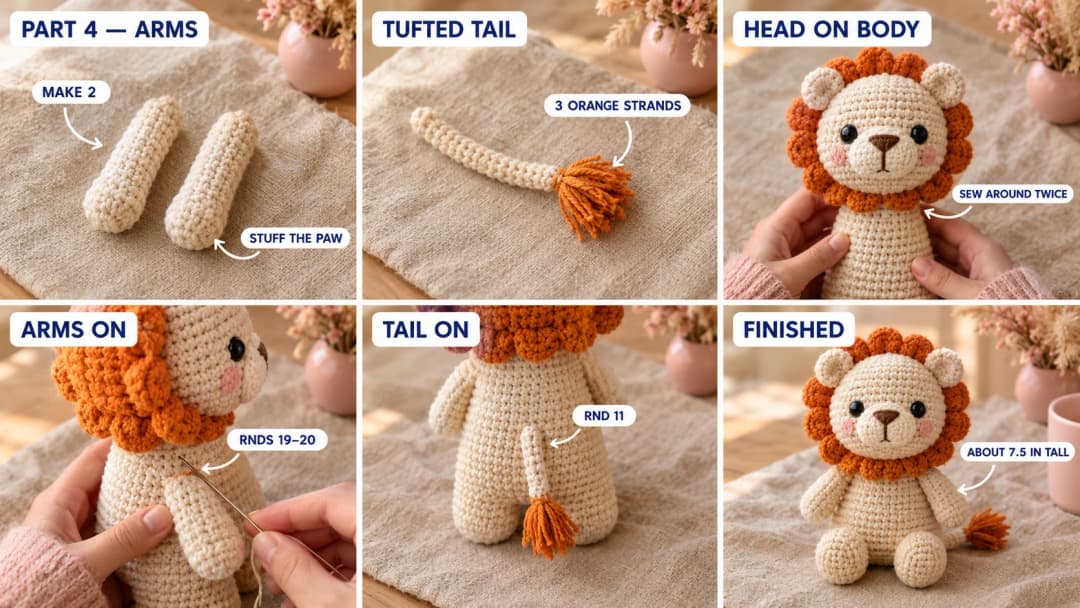 Step 4 of the crochet lion plush pattern: two cream arms with stuffed paws, a cream tail with an orange tuft knotted at the tip, the head pinned onto the open neck and sewn around twice, the arms sewn under the mane, the tail sewn at the back, and the finished cream lion plush with its orange scalloped mane sitting on its own