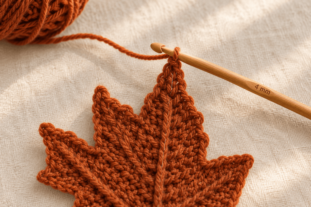 Overhead macro close-up of a rust-orange crochet maple leaf almost finished on a cream linen surface, the classic 5-point maple silhouette clearly visible with the raised center vein running down the middle, a 4 mm honey wooden crochet hook attached to the top of the leaf with the working yarn strand pulled out, a small ball of rust worsted-weight wool yarn softly blurred in the upper-left corner, warm afternoon window light, photorealistic craft-magazine tutorial detail shot, shallow depth of field
